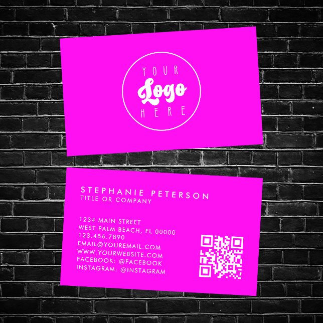 Bright Neon Rosa Anpassningsbar Company Logotyp QR Visitkort (Skapare uppladdad)