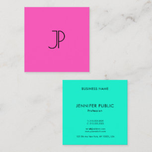 Bright Neon Rosa Grönt Modern Elegant Monogram Fyrkantigt Visitkort