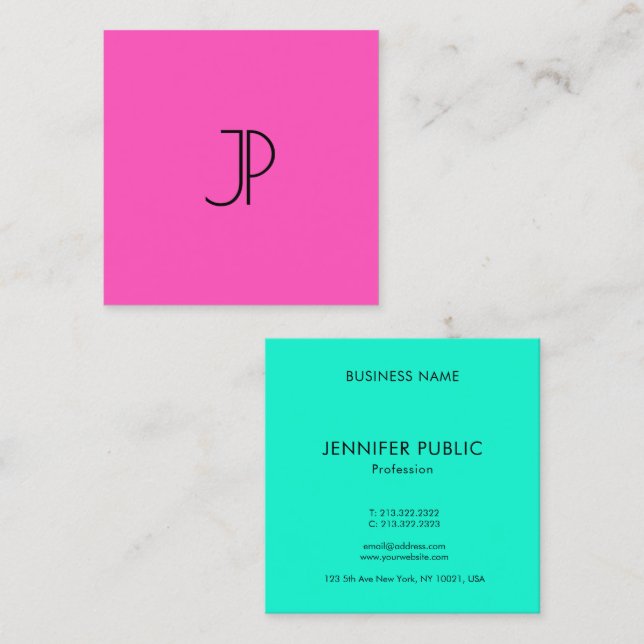 Bright Neon Rosa Grönt Modern Elegant Monogram Fyrkantigt Visitkort (Fram/baksida)