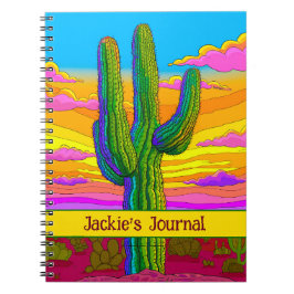 Bright Neon Saguaro Cactus Sunset Desert Scene Anteckningsbok