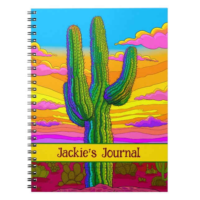Bright Neon Saguaro Cactus Sunset Desert Scene Anteckningsbok (Framsidan)