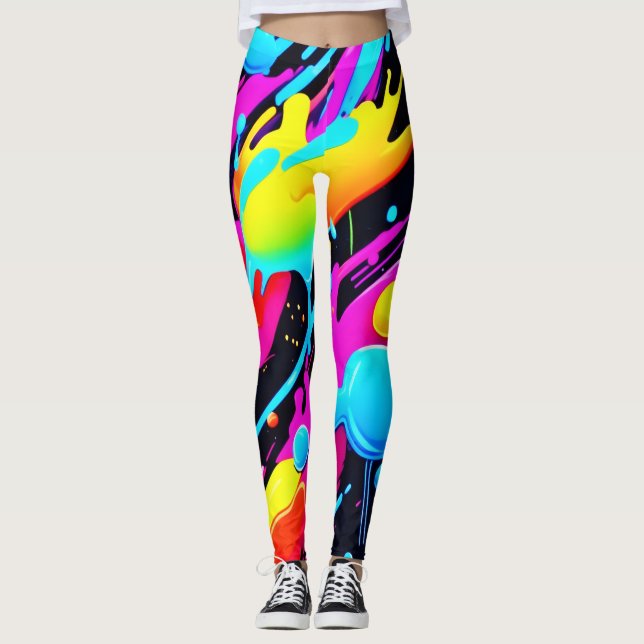 Bright Neon Stänk i Abstrakt Art Leggings (Framsida)