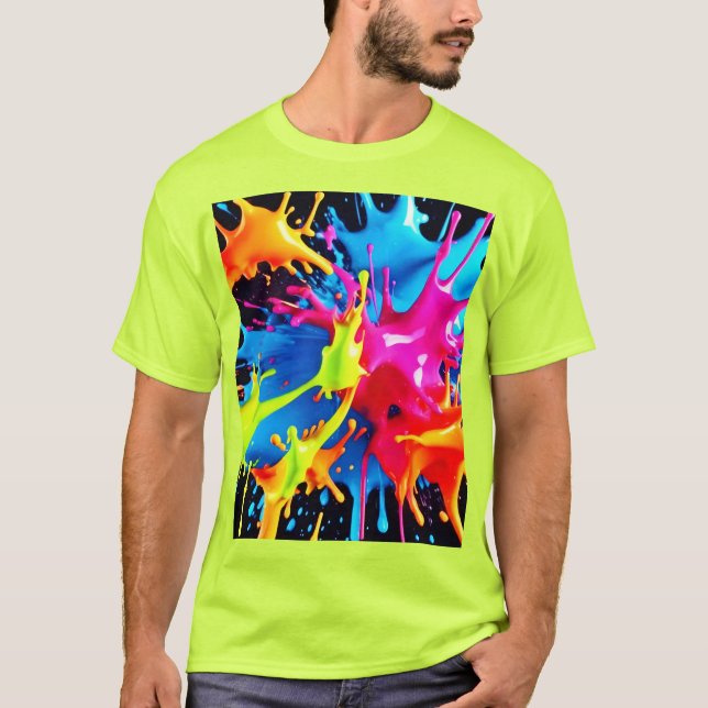 Bright Neon Stänk i Abstrakt Art T Shirt (Framsida)