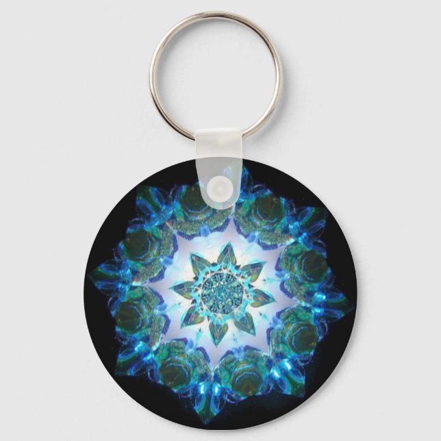 Bright Neon Starburst Kaleidoscope i Blue Nyckelring (Framsida)