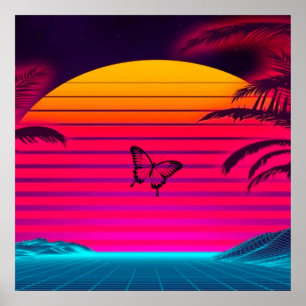 Bright Neon Sunrise to Sunset Sol och en Butterfly Poster