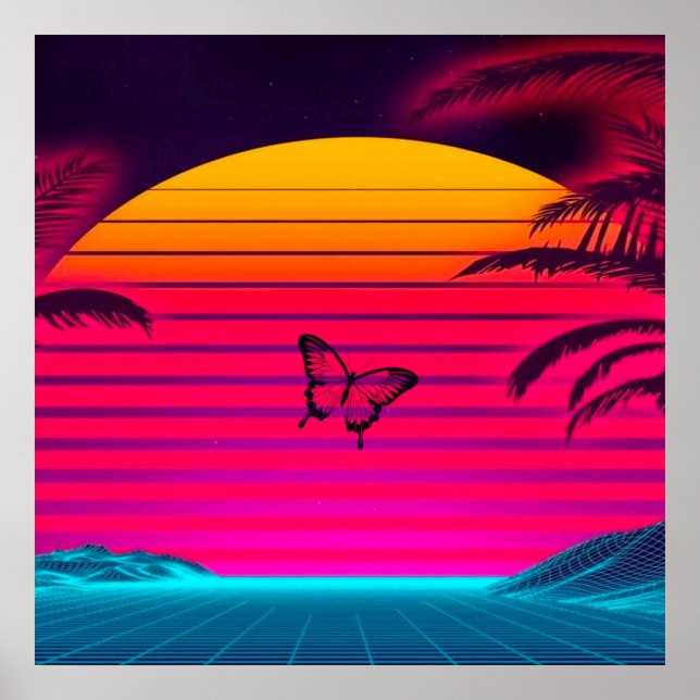 Bright Neon Sunrise to Sunset Sol och en Butterfly Poster (Framsidan)
