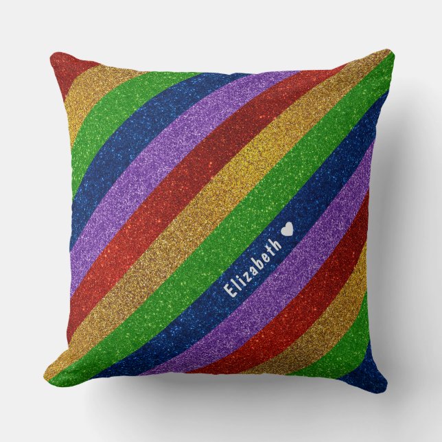 Bright och Sparkly Rainbow Faux Glitter Stripe Kudde (Framsida)