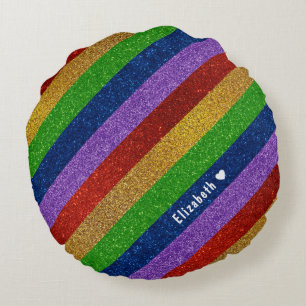 Bright och Sparkly Rainbow Faux Glitter Stripe Rund Kudde
