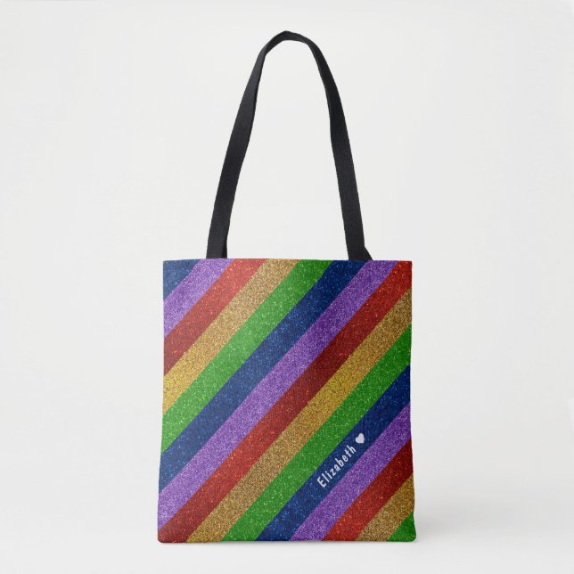 Bright och Sparkly Rainbow Faux Glitter Stripe Tygkasse (Framsida)
