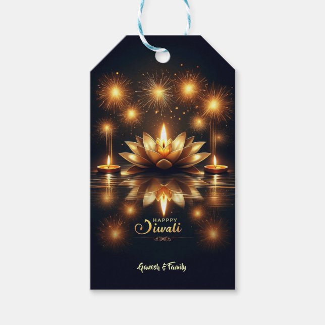 Bright och vackert Diya i Lotus Diwali Presentetikett (Framsidan)