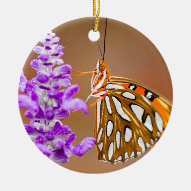 Bright Orange Bukt Fritillary Butterfly Julgransprydnad Keramik (Framsidan)