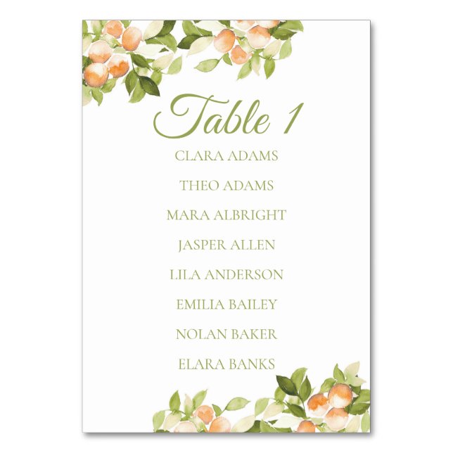 Bright Orange Citrus Numeric Seating Chart Bordsnummer (Framsidan)