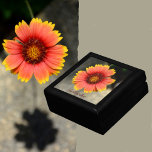 Bright Orange Gaillardia Solros Keepsaké Minnesask<br><div class="desc">Den här träkipsakslådan har den färgstarka,  ljusa orangen och gulten Gaillardia-solros eller Blanket-blomma. Det är en vacker blommigt nära en solig Gaillardia-blommar som symboliserar lycka,  glädje och charm. Anpassa den vackra smyckeskrinen med Namn. Den här bilden är botaniskt originalfoto av blommigten med JLW_PHOTOGRAPHY</div>