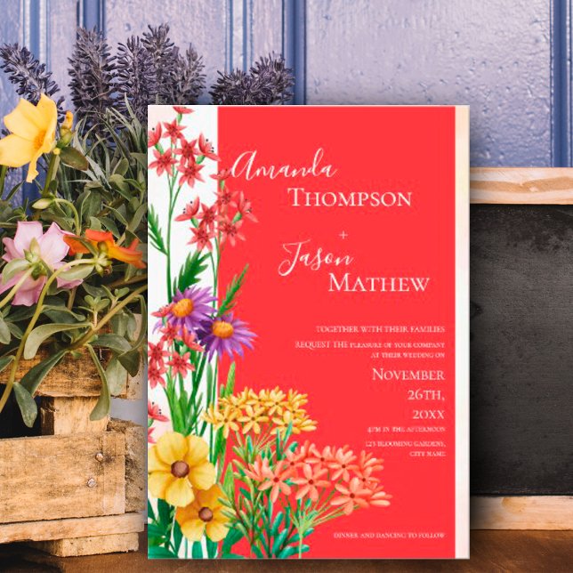 Bright Orange Lila Gult Wildblommor Bröllop Inbjudan Vykort (Bright Orange Purple Yellow Wildflowers Wedding Invitation Postcard)