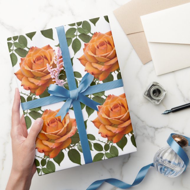 Bright Orange Roses With Green Leaves Presentpapper (Gifting)