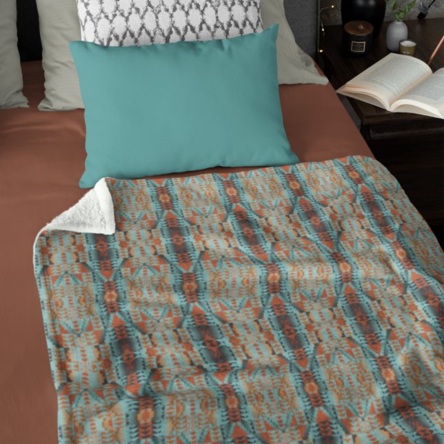 Bright Orange Turcos Teal Blue Tribal Art Motif Fleecefilt (Skapare uppladdad)
