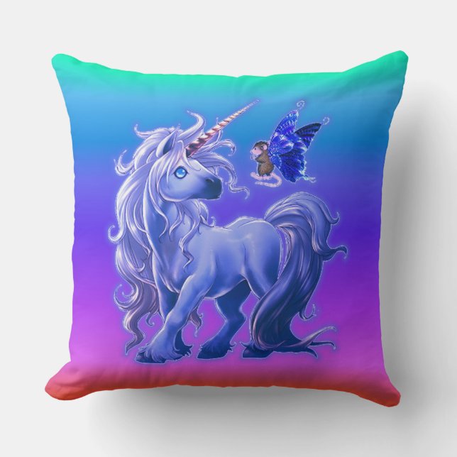 Bright Pastel Rainbow Blue Unicorn Kudde (Framsida)