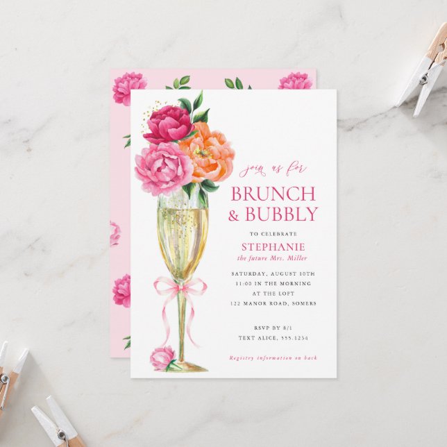 Bright Peony w/QR Code on Back, Brunch and Bubbly  Inbjudningar (Fram/Back In Situ)