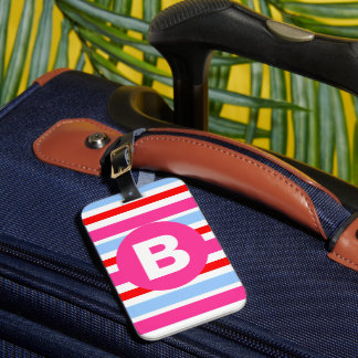Bright Pink and Blue Candy Stripes Monogram Bagagebricka