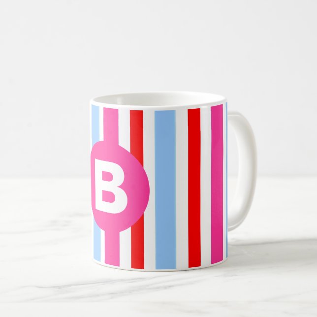 Bright Pink and Blue Candy Stripes Monogram Kaffemugg (Framsida höger)