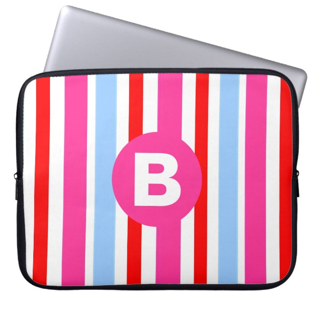 Bright Pink and Blue Candy Stripes Monogram Laptop Fodral (Framsidan)