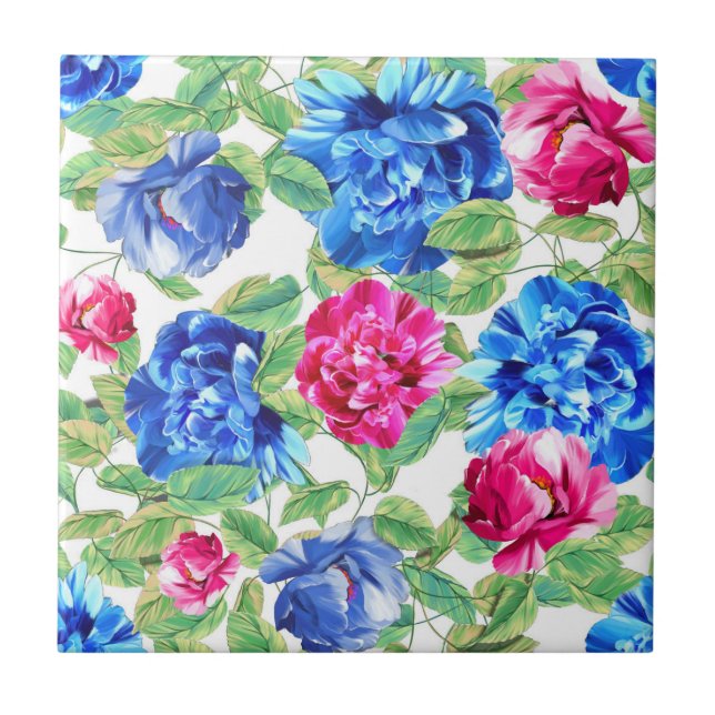 Bright Pink and Blue Floral Pretty Pattern Kakelplatta (Framsidan)