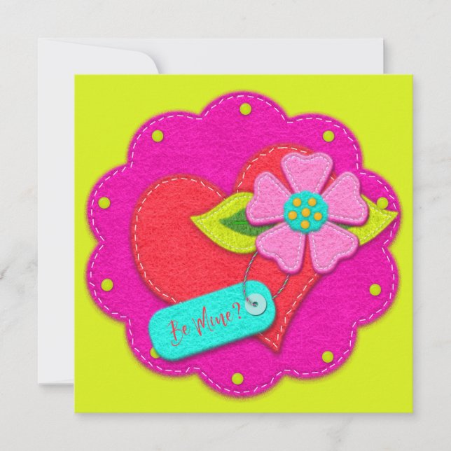 Bright Pink and Peridot Felt Style Heart Flower  Inbjudningar (Framsida)