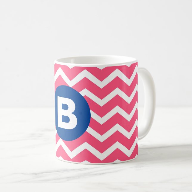 Bright Pink and White Chevron Pattern Monogram Kaffemugg (Framsida höger)