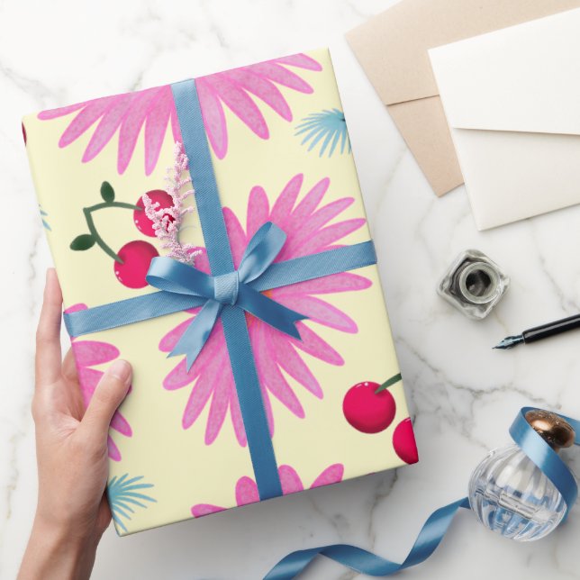 Bright Pink Floral Cherry Pattern | Cute Kawaii  Presentpapper (Gifting)