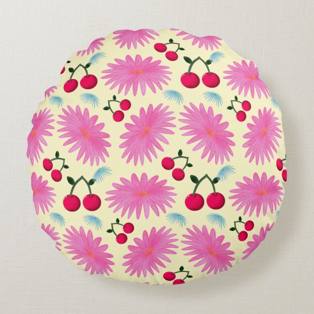 Bright Pink Floral Cherry Pattern | Cute Kawaii  Rund Kudde (Framsidan)