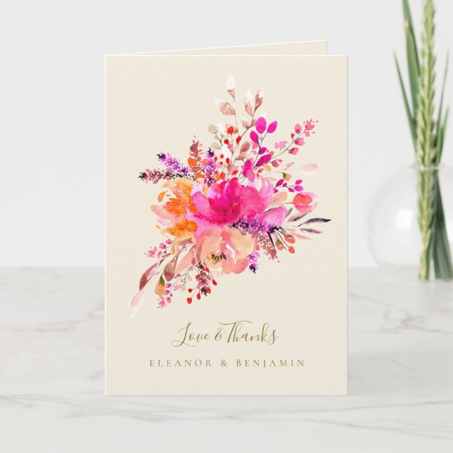 Bright Pink Floral Wedding Photo Custom Message Tack Kort (Framsida)