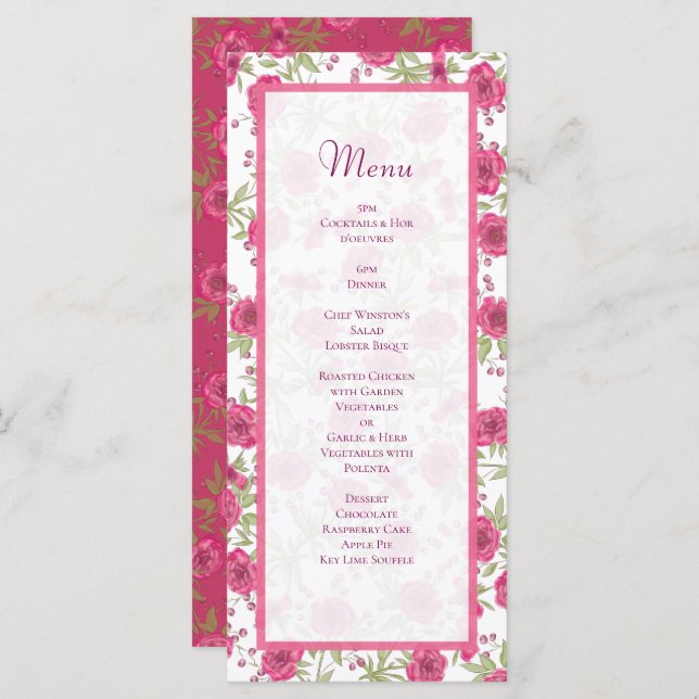 Bright Pink Rose Wedding Menus Meny (Fram/baksida)