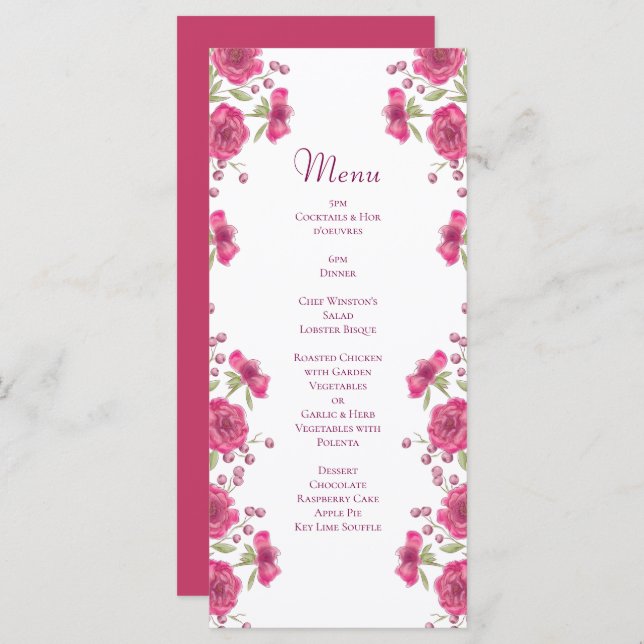 Bright Pink Rose Wedding Menus Meny (Fram/baksida)