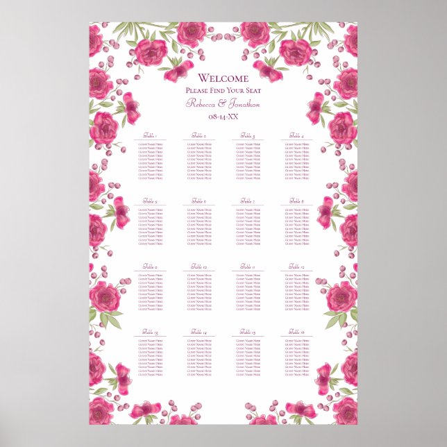 Bright Pink Rose Wedding Seating Chart Poster (Framsidan)