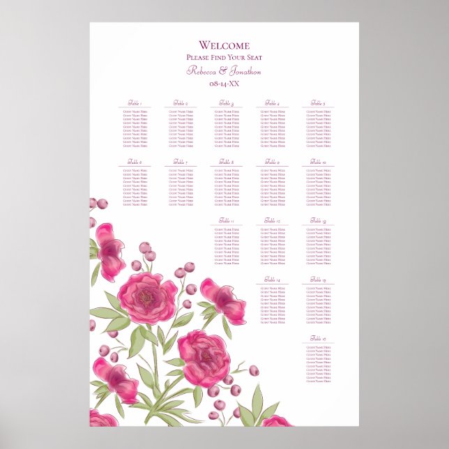 Bright Pink Rose Wedding Seating Chart Poster (Framsidan)