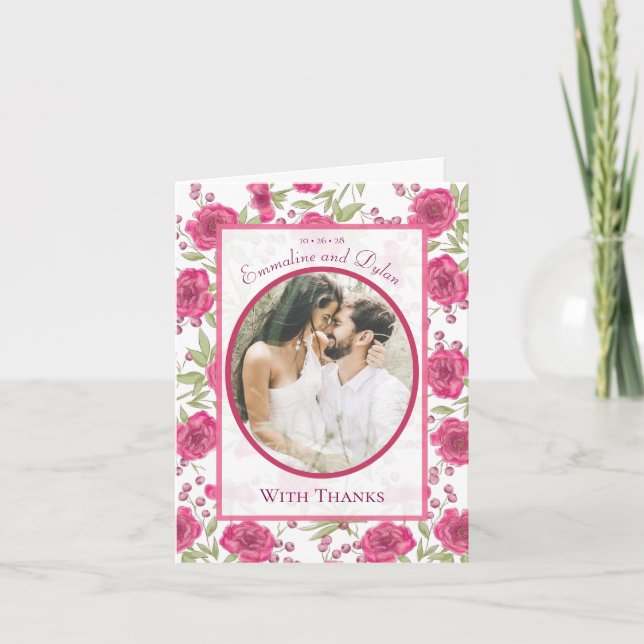 Bright Pink Rose Wedding Thank You Cards Photo Inbjudan (Framsida)