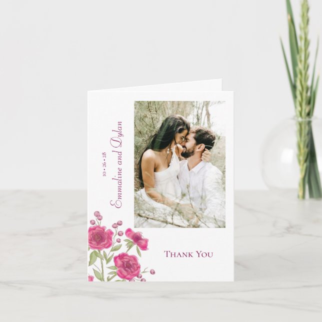 Bright Pink Rose Wedding Thank You Cards Photo Inbjudan (Framsida)
