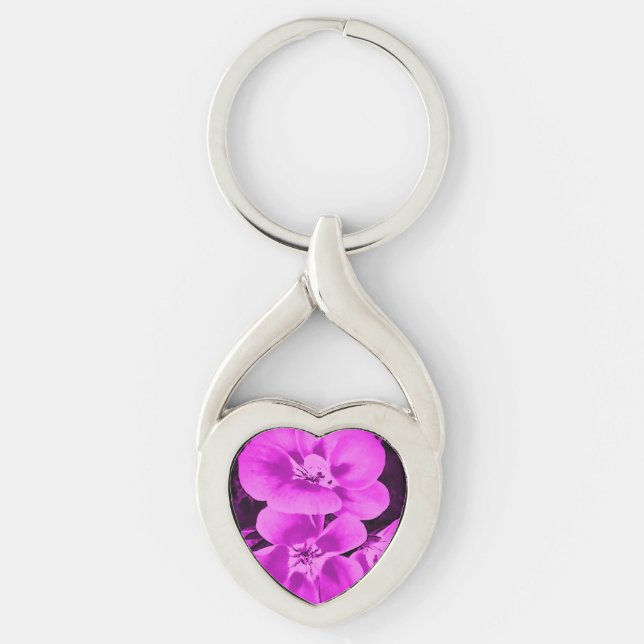 Bright Pink Tropical Flowers Twisted Heart Silverfärgad Nyckelring (Framsidan)
