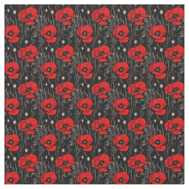 Bright Poppies på svart Tyg (Närbild)