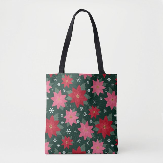 Bright Preppy Christmas Poinsettias Tote Bag Tygkasse (Framsida)