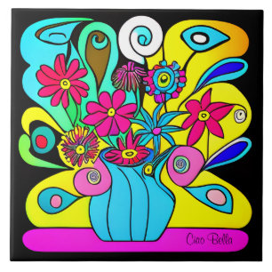 Bright Psychedelic-Blommigtar Kakelplatta