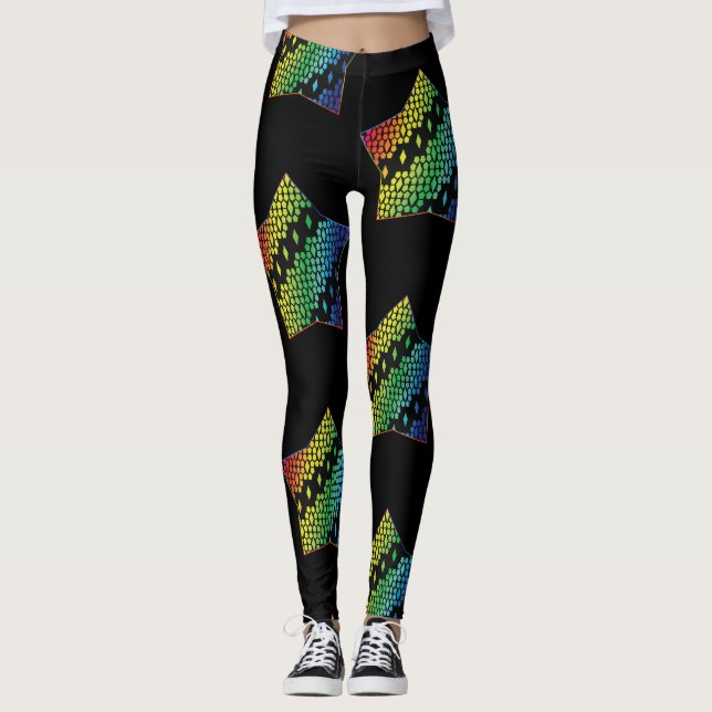 Bright Rainbow and Black Honeycomb Diamond star st Leggings (Framsida)