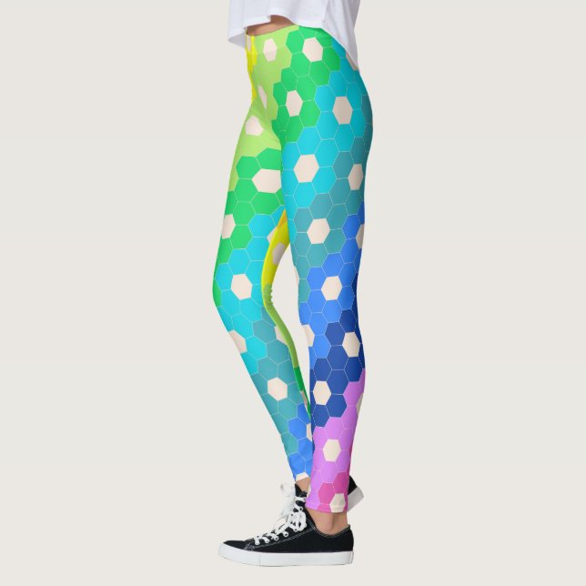 Bright Rainbow Geometric Hexagon Flower Mönster Leggings (Vänster)