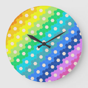 Bright Rainbow Geometric Hexagon Flower Mönster Stor Klocka