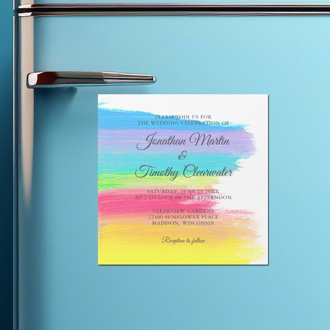 Bright Rainbow Modern HGBTQ Cheerful Gay Bröllop Magnetisk Inbjudningskort (Skapare uppladdad)