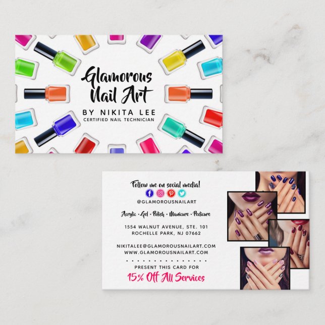 Bright Rainbow Nail Polish Art Tech Salon 4-Photo Visitkort (Fram/baksida)