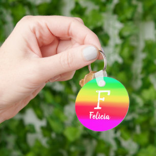 Bright Rainbow Ombre Färg Gradient Monogram Namn Nyckelring
