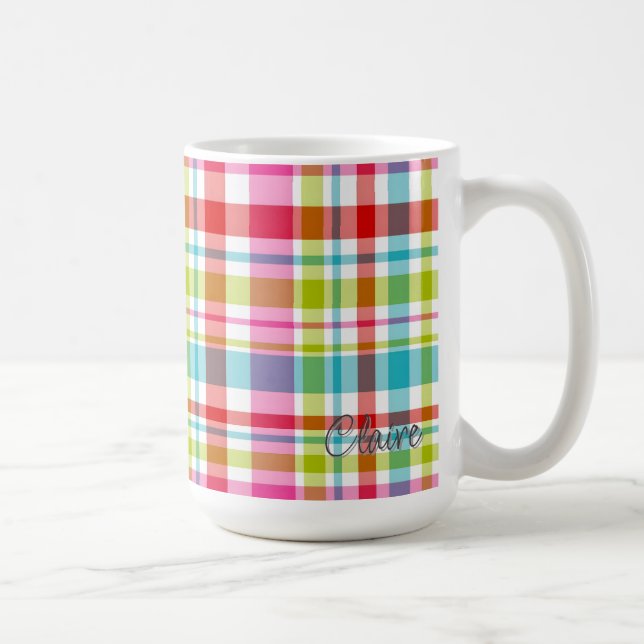 Bright Rainbow Plaid Checkered Pattern Custom Name Kaffemugg (Höger)