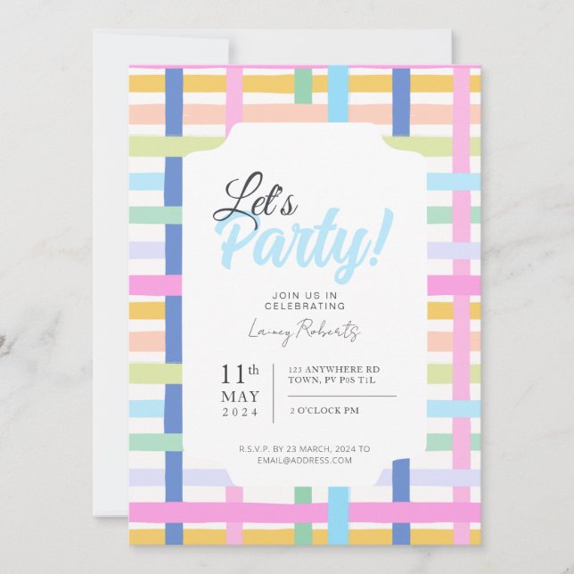 Bright Rainbow Plaid Invite - Colourful Pastel Inbjudningar (Framsida)