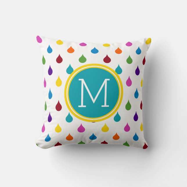 Bright Rainbow Raindrops Monogram Kudde (Framsida)